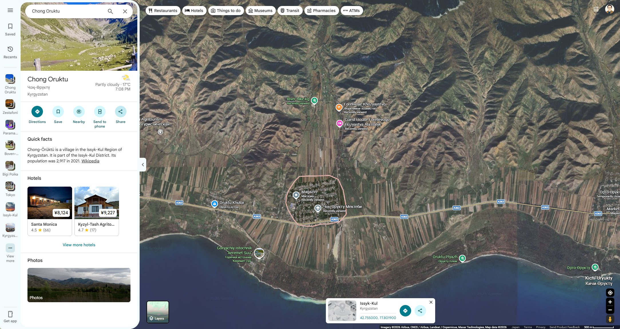 Satellite view of Chong-Oruktu, Kyrgyzstan, showing the village between Lake Issyk-Kul and the mountains